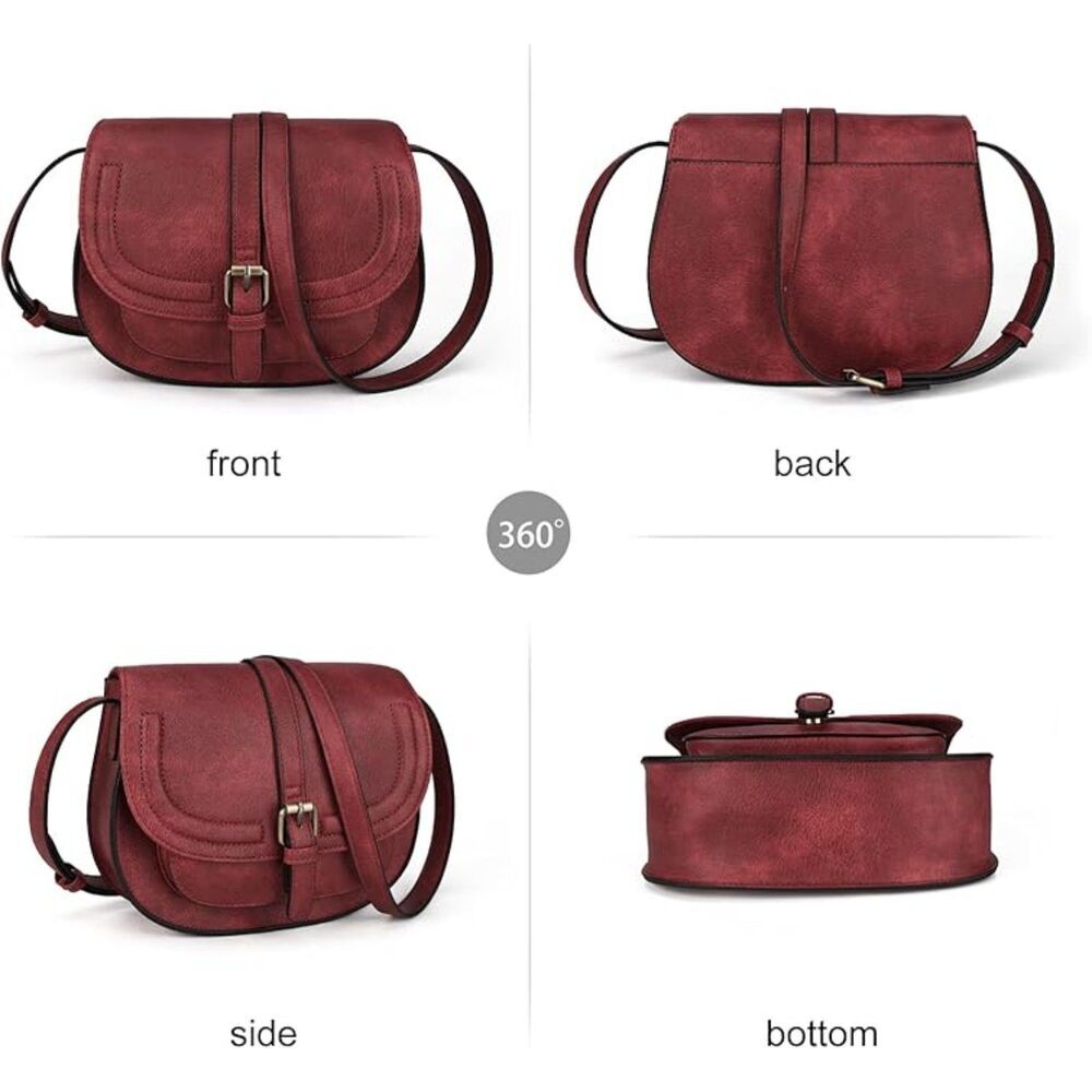 Women Dark Red Imported Vegan Leather Small Saddle Crossbody Bags - Picture 3 of 4
